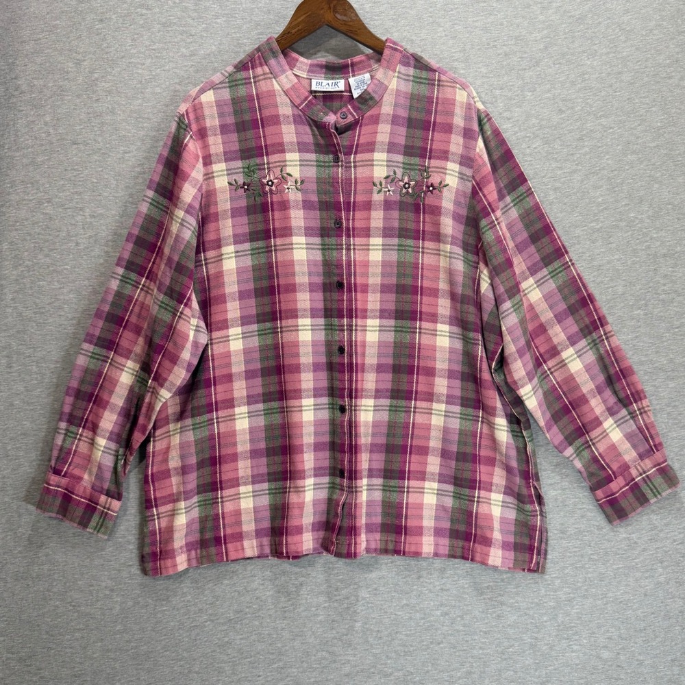 Blair Button Down Shirt Womens 3XL Purple Plaid Floral Embroidered Flannel Top